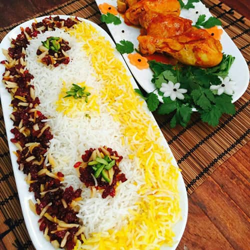 تزیین برنج با زعفران و زرشک و مرغ زیبا و ساده